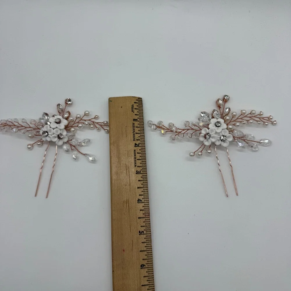 Bridal Flower Hair Pins Rose Gold Wedding Crystal Pearl Floral Hair‎ Clips Set 2